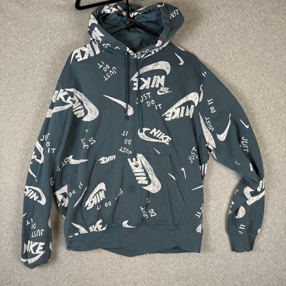 Nike Mens Size Medium All Over Swoosh Logo Print Hoodie Blue Pullover Pocket